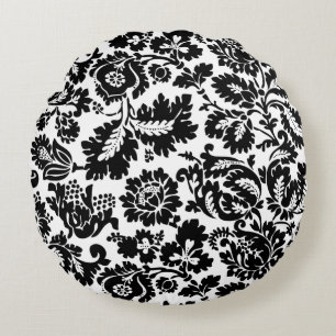 William Morris Black White Venetian Floral Pattern Round Pillow