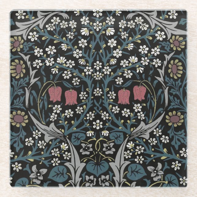 William Morris Blackthorn Floral Art Nouveau Glass Coaster (Front)