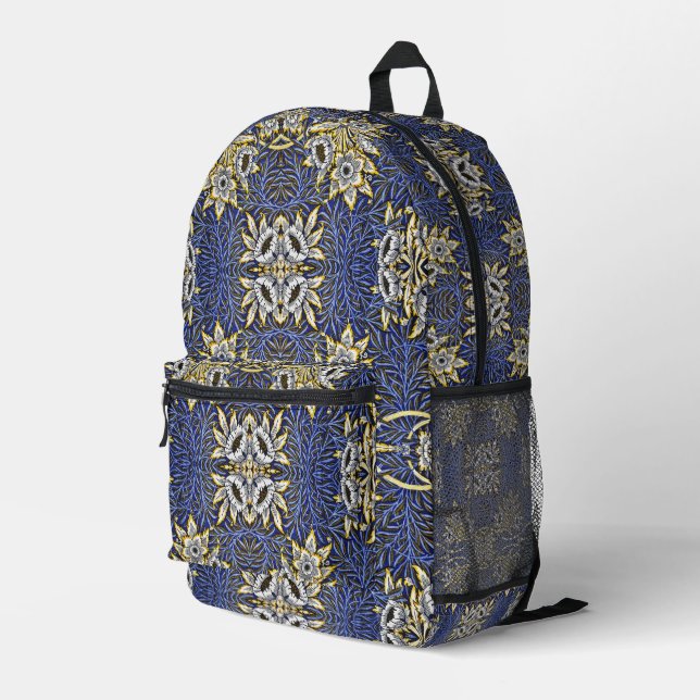 William Morris Blue and Gold Tulip Willow Design Printed Backpack (Back Corner Right)