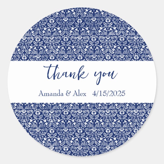 William Morris blue floral pattern personalized  Classic Round Sticker (Front)