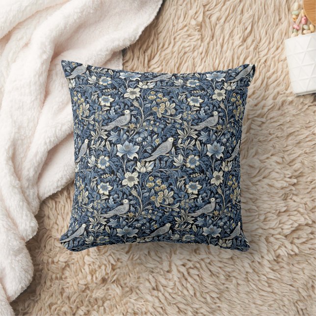 William Morris Blue Foliage Pattern Wallpaper Throw Pillow (Blanket)