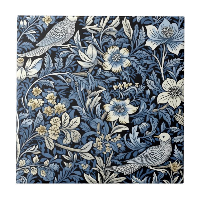 William Morris Blue Foliage Pattern Wallpaper Tile (Front)