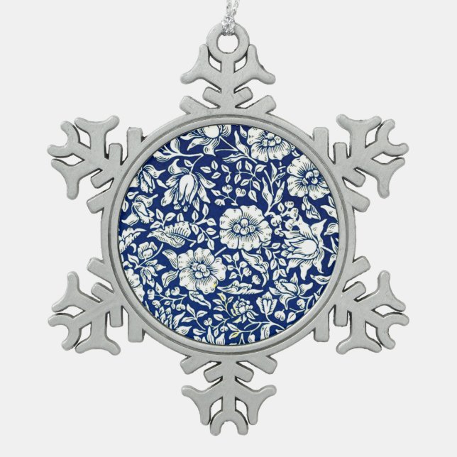 William Morris - Blue Mallow, famous pattern, Snowflake Pewter Christmas Ornament (Front)