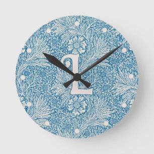William Morris Blue Marigold Monogram 1 Round Clock