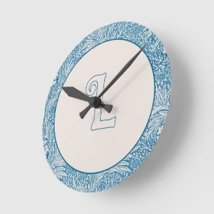 William Morris Blue Marigold Monogram 2 Round Clock