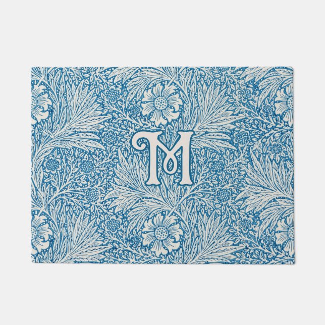 William Morris Blue Marigold Monogram Doormat (Front)