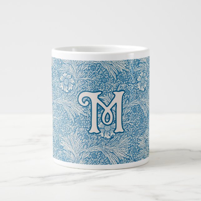 William Morris Blue Marigold Monogram Large Coffee Mug (Front)