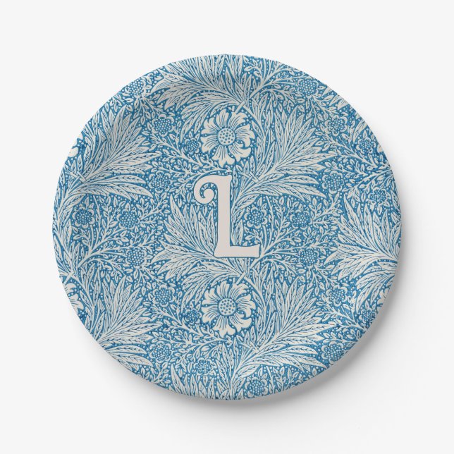 William Morris Blue Marigold Monogram Paper Plate (Front)