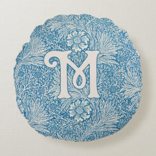 William Morris Blue Marigold Monogram Round Pillow