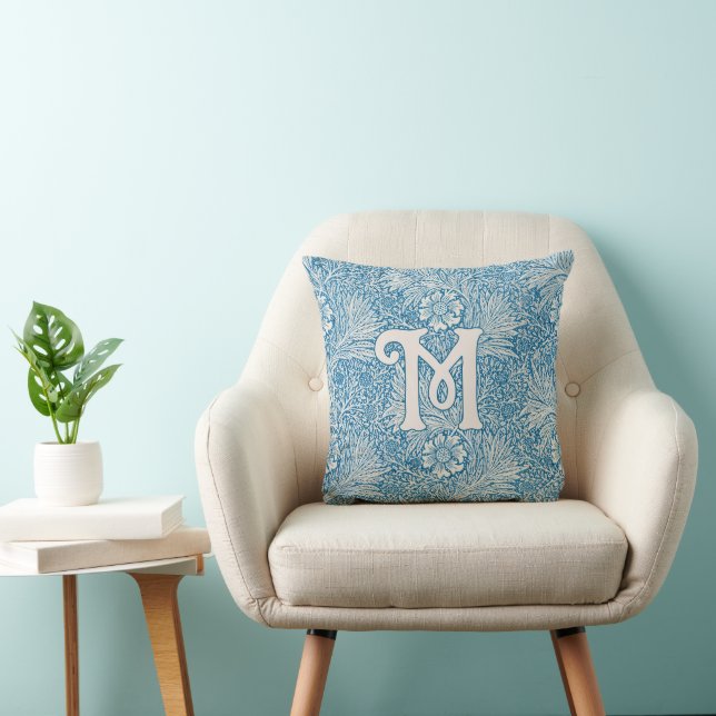 William Morris Blue Marigold Monogram Throw Pillow (Chair)
