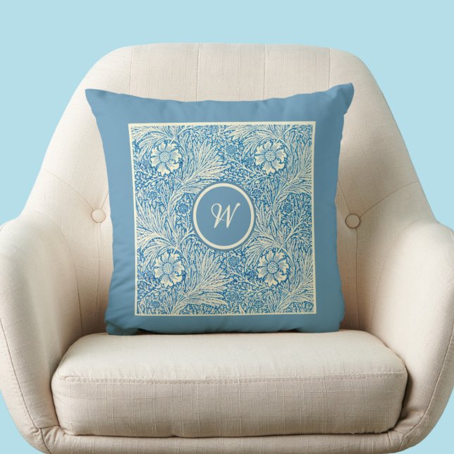 William Morris Blue Marigold Pattern with Initial Throw Pillow (Creator Uploaded)