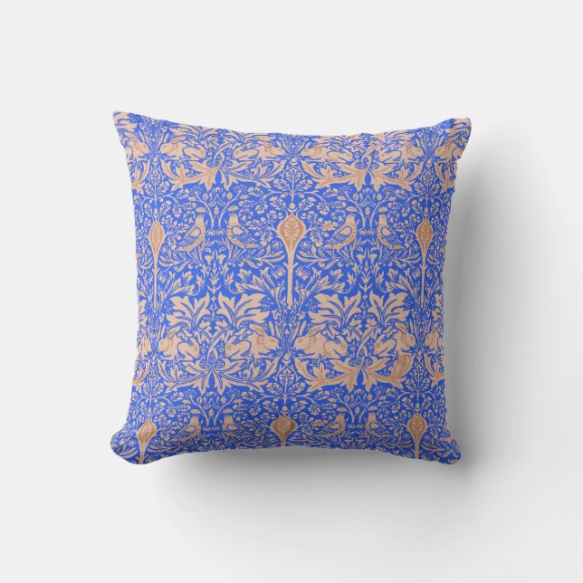 William Morris Blue Tan Rabbits Patterned Damask Throw Pillow (Front)