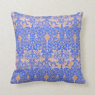 William Morris Blue Tan Rabbits Patterned Damask Throw Pillow
