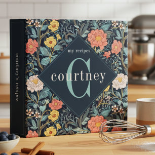 William Morris Blue Teal Floral Monogram Recipe Binder