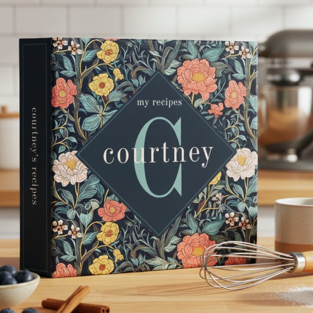 William Morris Blue Teal Floral Monogram Recipe Binder (Creator Uploaded)