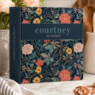 William Morris Blue Teal Floral Monogram Recipe Binder