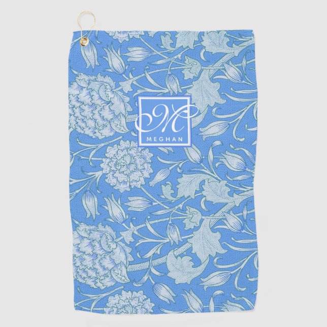 William Morris - Blue Wild Tulips & Monogram Golf Towel (Front)