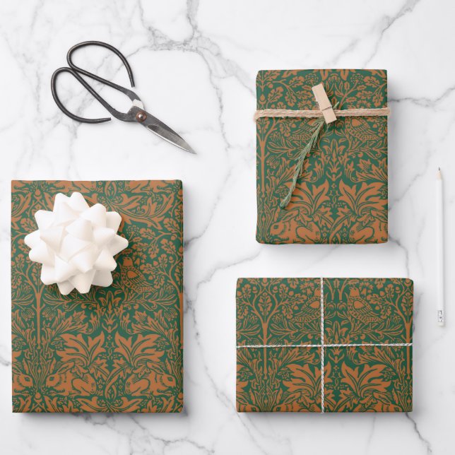 William Morris Brother Rabbit Amber Black Pattern Wrapping Paper Sheet (Front)