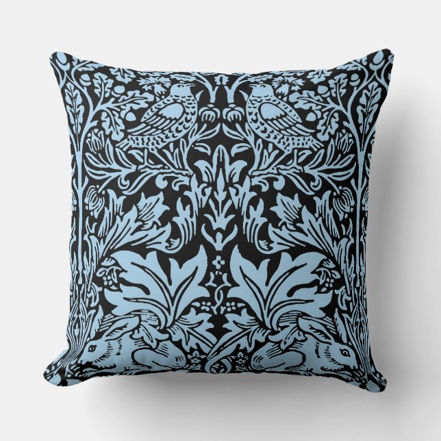 William Morris Brother Rabbit Light Blue Black Throw Pillow (Front)