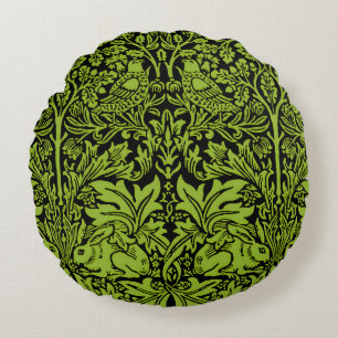 William Morris Brother Rabbit Sage Green Black Round Pillow