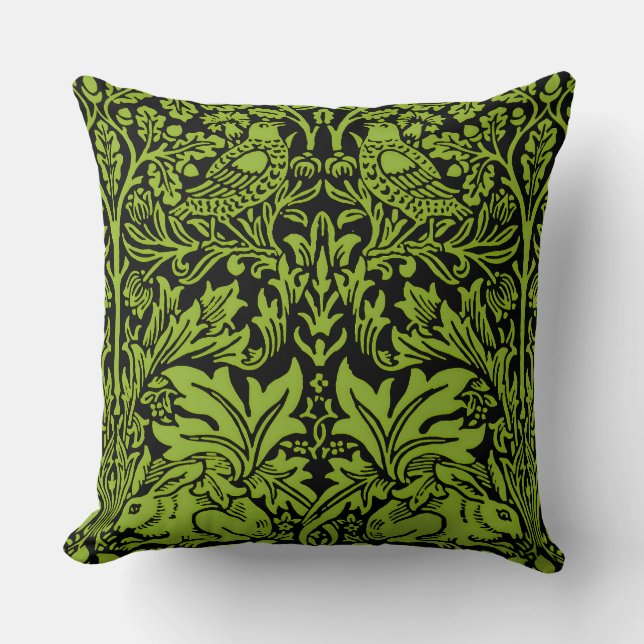 William Morris Brother Rabbit Sage Green Black Throw Pillow (Front)