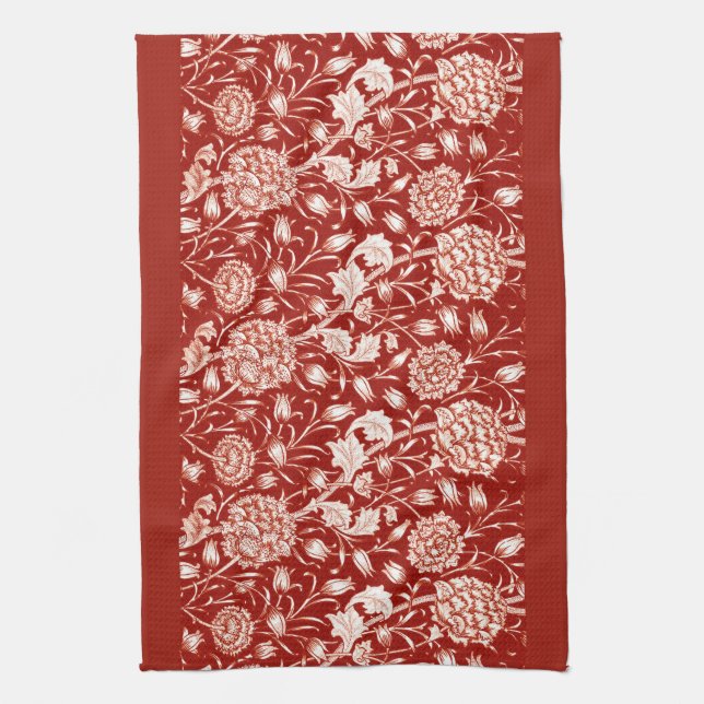 William Morris Carnation Print, Deep Red and White Kitchen Towel (Vertical)