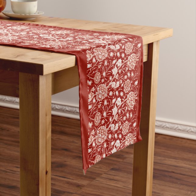 William Morris Carnation Print, Deep Red and White Long Table Runner (In Situ)
