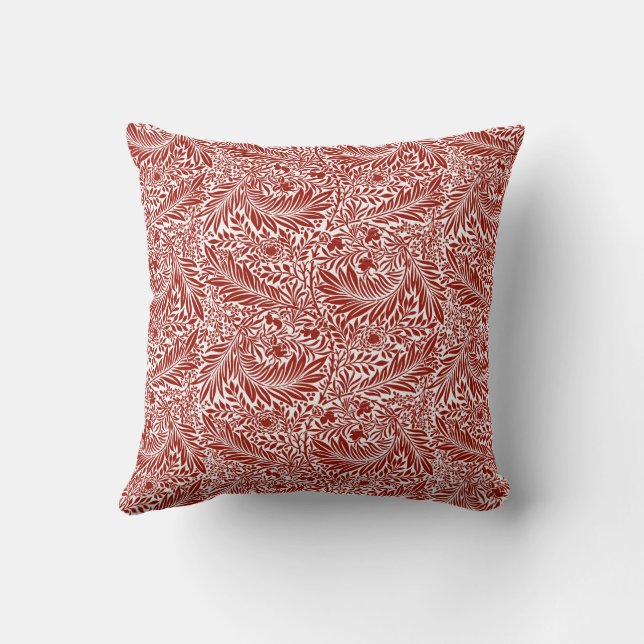 William Morris Cherry Red Larkspur Pattern Throw Pillow (Back)