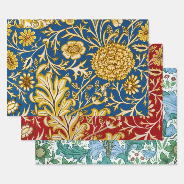 William Morris Cherwell Floral Pattern Blue Wrapping Paper Sheet (Set)