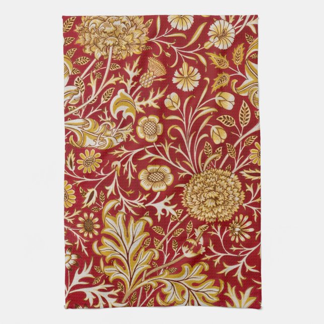William Morris Cherwell Floral Pattern Red Kitchen Towel (Vertical)