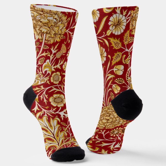 William Morris Cherwell Floral Pattern Red Socks (Angled)