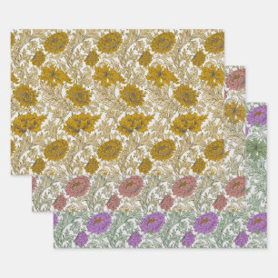 William Morris Chrysanthemum Floral Golden Red Wrapping Paper Sheet