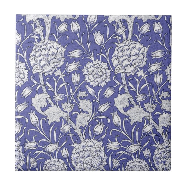 William * Morris Chrysanthemum Flower Purple Blue  Tile (Front)