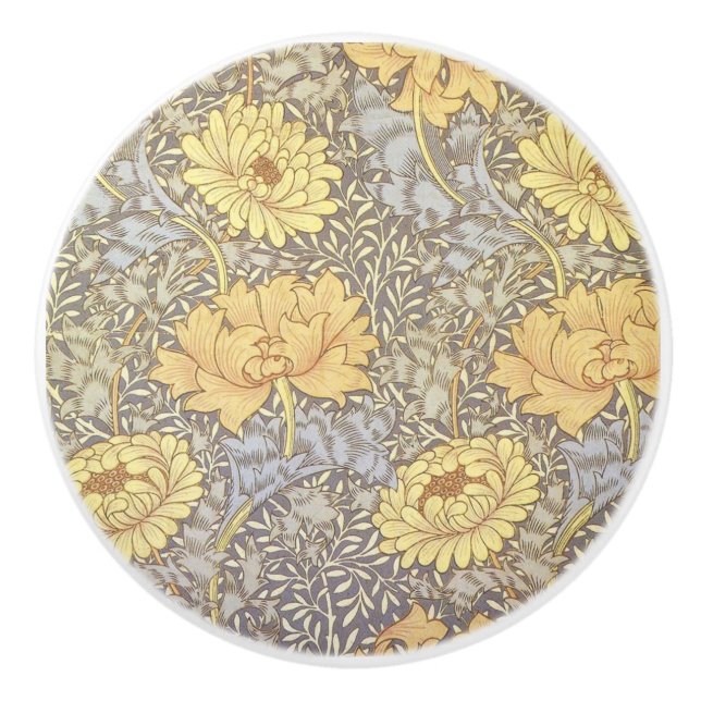 William Morris Chrysanthemum Mum Flowers Ceramic Knob (Front)