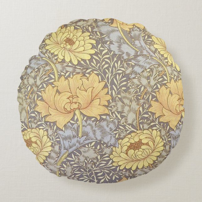 William Morris Chrysanthemum Mum Flowers Round Pillow (Front)