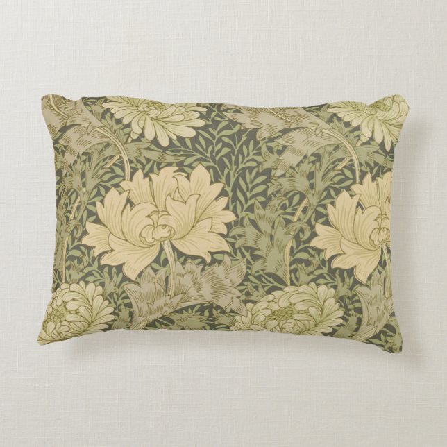 William Morris Chrysanthemum Sage Flower Accent Pillow (Back)