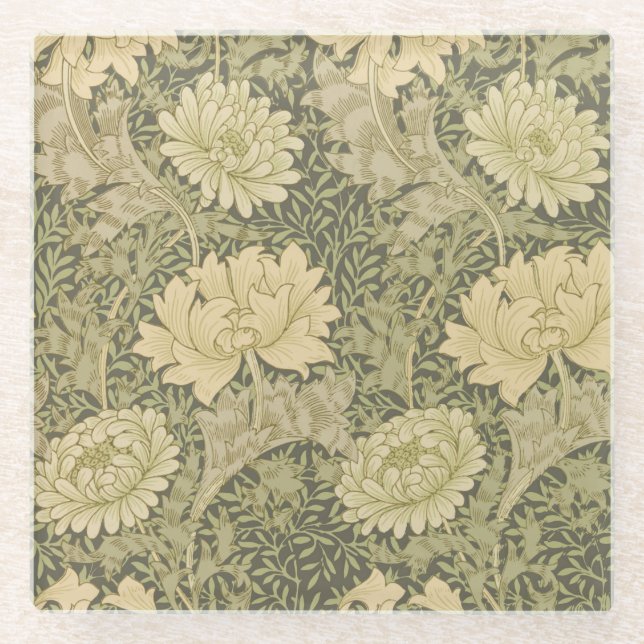 William Morris Chrysanthemum Sage Flower Glass Coaster (Front)