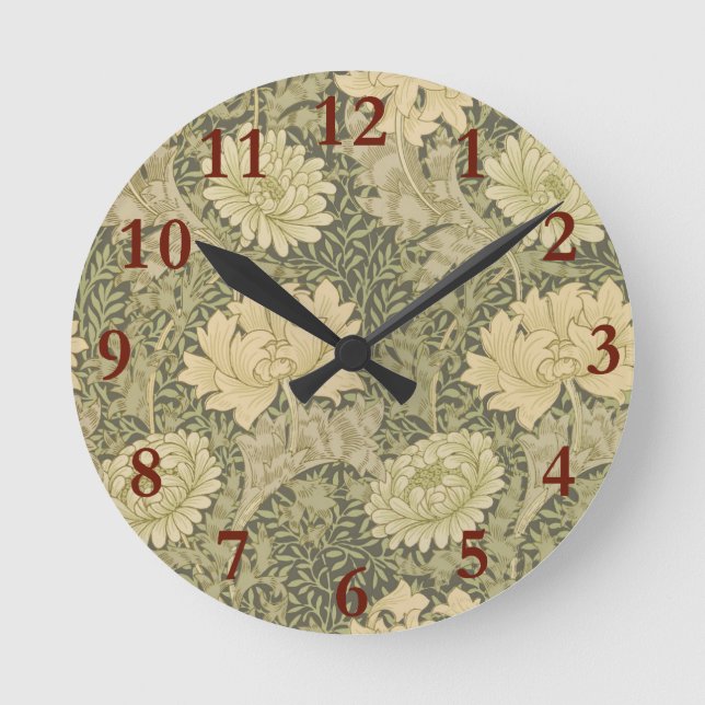 William Morris Chrysanthemum Sage Flower Round Clock (Front)