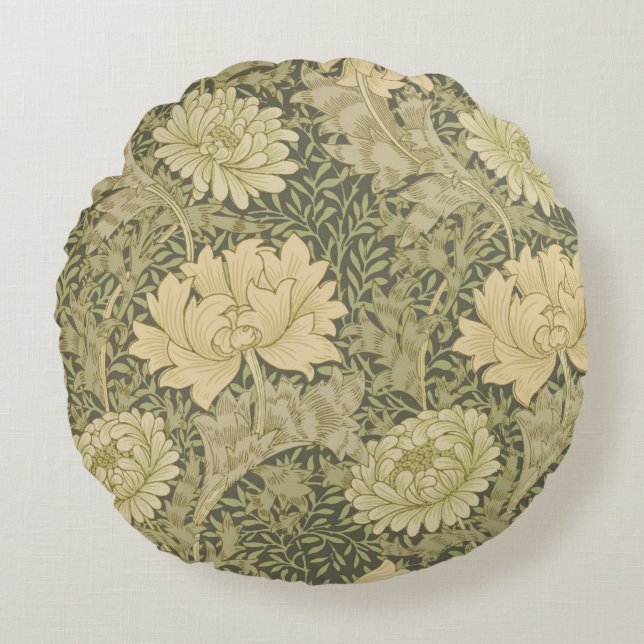 William Morris Chrysanthemum Sage Flower Round Pillow (Front)