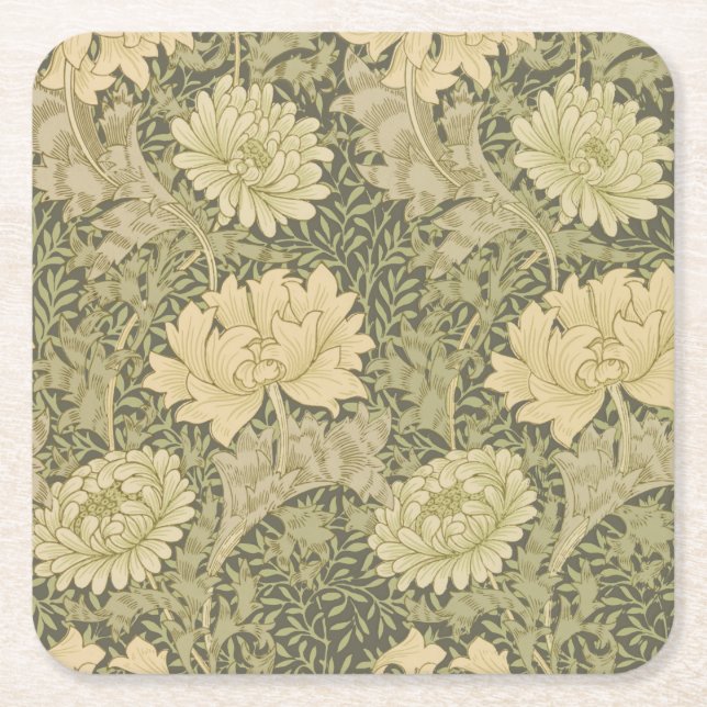 William Morris Chrysanthemum Sage Flower Square Paper Coaster (Front)