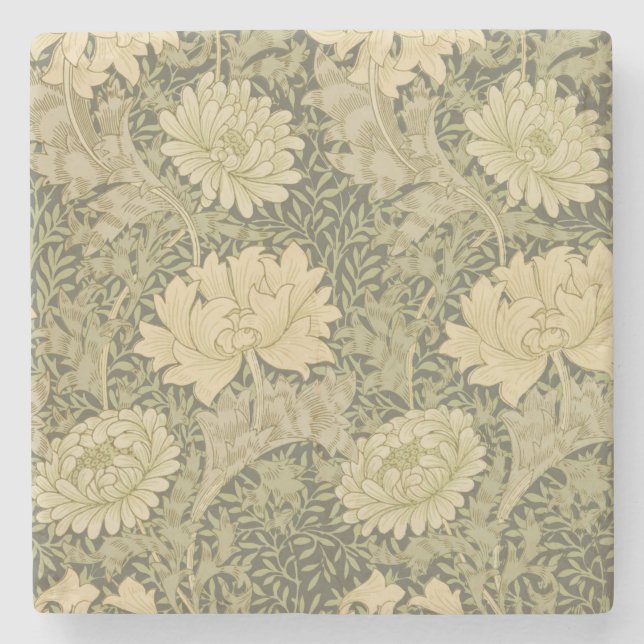 William Morris Chrysanthemum Sage Flower Stone Coaster (Front)