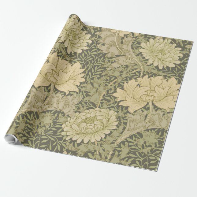 William Morris Chrysanthemum Sage Flower Wrapping Paper (Unrolled)