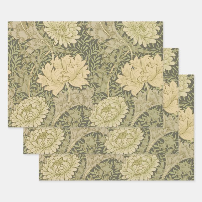 William Morris Chrysanthemum Sage Flower Wrapping Paper Sheet (Set)