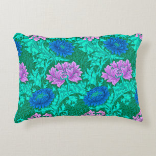 William Morris Chrysanthemums, Aqua and Violet Accent Pillow