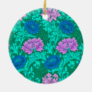 William Morris Chrysanthemums, Aqua and Violet  Ce Ceramic Ornament
