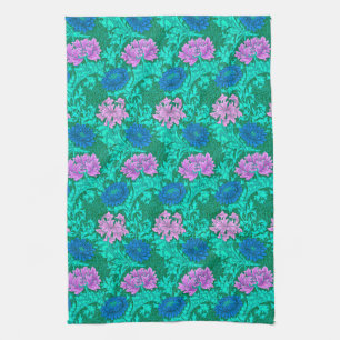 William Morris Chrysanthemums, Aqua and Violet  Kitchen Towel