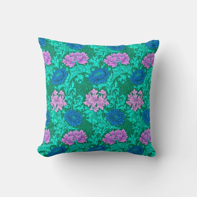 William Morris Chrysanthemums, Aqua and Violet  Throw Pillow (Front)