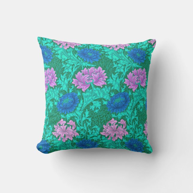 William Morris Chrysanthemums, Aqua and Violet Throw Pillow (Front)