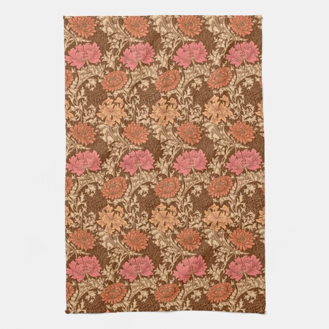 William Morris Chrysanthemums, Brown and Rust Kitchen Towel (Vertical)