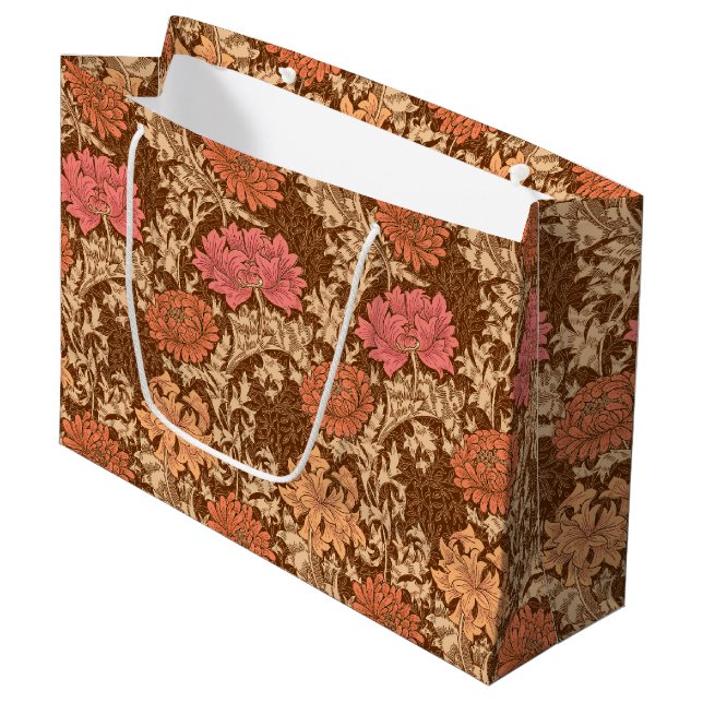William Morris Chrysanthemums, Brown and Rust Large Gift Bag (Front Angled)